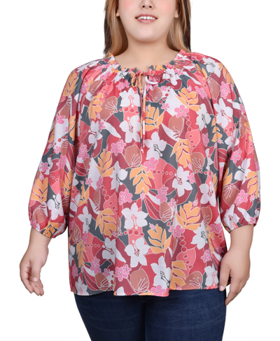 Ny Collection Petite 3/4 Sleeve Drawstring Neck Blouse Top In Pink Red Flower