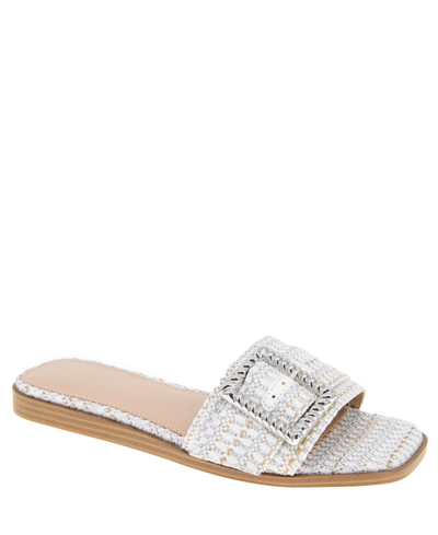 Bcbgeneration Women's Mollie Buckled Slide Flat Sandals In White,silver Boucle
