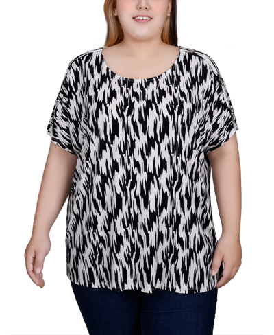 Ny Collection Plus Size Short Sleeve Tunic Top In Black White Brush
