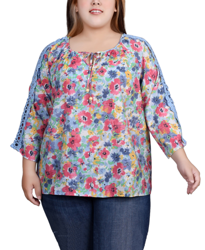 Ny Collection Plus Size 3/4 Sleeve Crochet Detail Blouse In Flower Garden