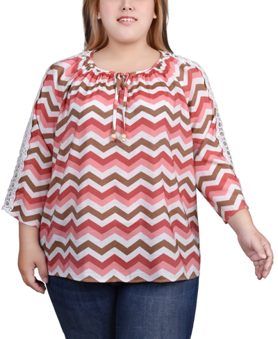 Ny Collection Plus Size 3/4 Sleeve Crochet Detail Blouse In Pink White Chevron