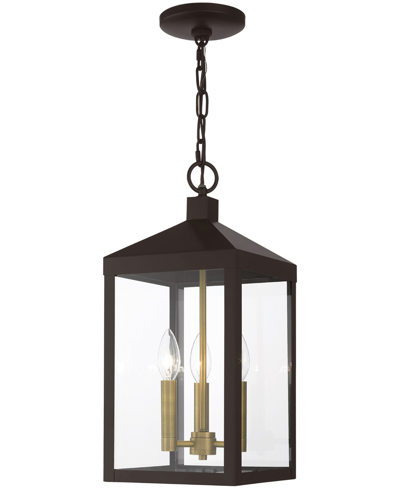 Livex Nyack 3 Light Outdoor Pendant Lantern In Bronze With Antique Brass