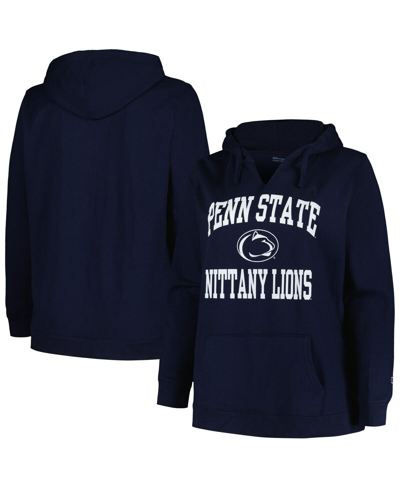 CHAMPION WOMEN'S CHAMPION NAVY PENN STATE NITTANY LIONS PLUS SIZE HEART AND SOUL NOTCH NECK PULLOVER HOODIE