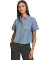 KARL LAGERFELD WOMEN'S EMBELLISHED CROPPED CHAMBRAY TOP