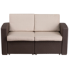FLASH FURNITURE CHOCOLATE BROWN FAUX RATTAN LOVESEAT WITH ALL-WEATHER BEIGE CUSHIONS