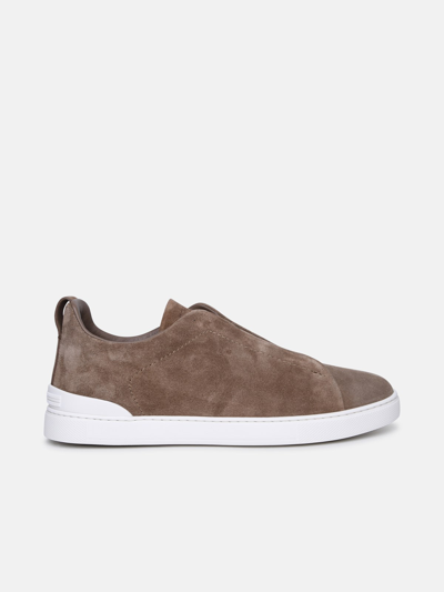 Zegna 'triple Stitch' Brown Leather Sneakers