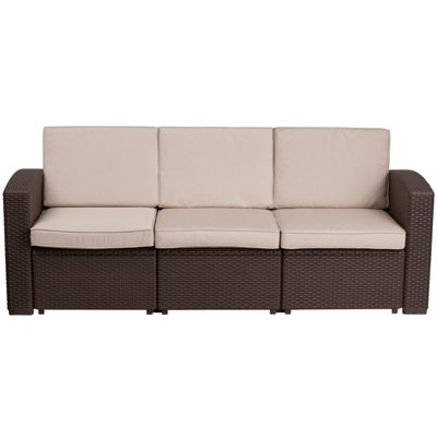 Flash Furniture Chocolate Brown Faux Rattan Sofa With All-weather Beige Cushions