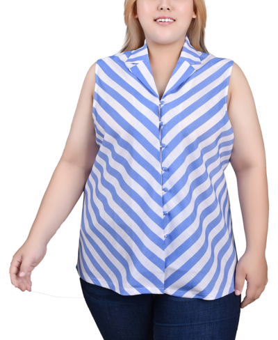Ny Collection Plus Size Sleeveless Collared Chevron Striped Blouse In Blue White