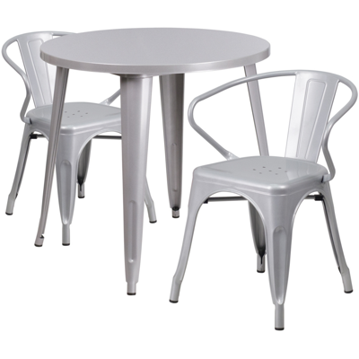 Flash Furniture 30'' Round Silver Metal Indoor-outdoor Table Set With 2 Arm Chairs In Gray