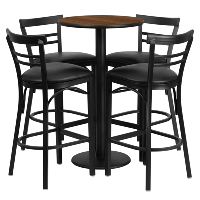 Flash Furniture 24'' Round Walnut Laminate Table Set With 4 Ladder Back Metal Barstools In Black