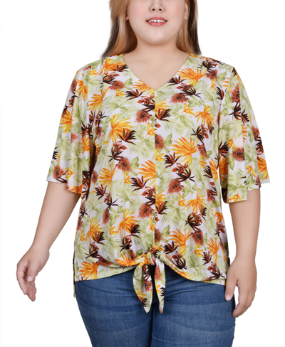 Ny Collection Plus Size Elbow Sleeve Tie-front Top In Lemon Palm