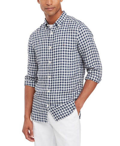 Tommy Hilfiger Men's Slim-fit Gingham Check Button-down Linen Shirt In Carbon Navy,calico
