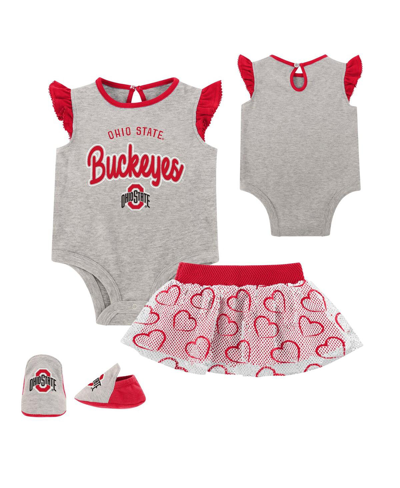 OUTERSTUFF BABY GIRLS HEATHER GRAY OHIO STATE BUCKEYES ALL DOLLED UP BODYSUIT, SKIRT AND BOOTIE SET