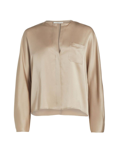 Vince Raw-edge Button-front Silk Blouse In Pale Nut