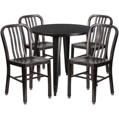 Flash Furniture 30'' Round Black-antique Gold Metal Indoor-outdoor Table Set With 4 Vertical Slat Back Chairs