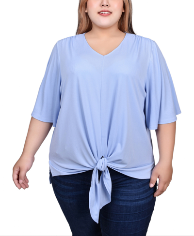 Ny Collection Plus Size Elbow Sleeve Tie-front Top In Blue Heron