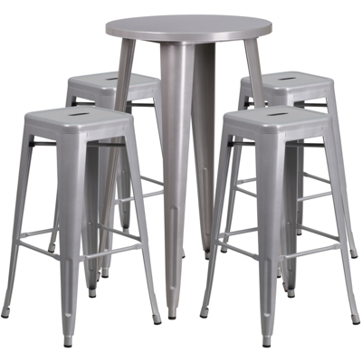 Flash Furniture 24'' Round Silver Metal Indoor-outdoor Bar Table Set With 4 Square Seat Backless Stools In Gray