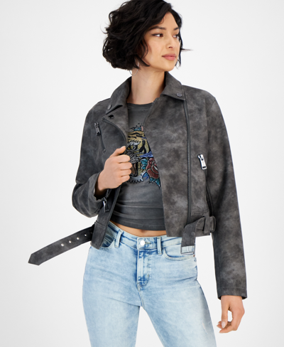 Guess Women's Patty Faux-leather Asymmetrical-zipper Biker Jacket In Jet Black Multi