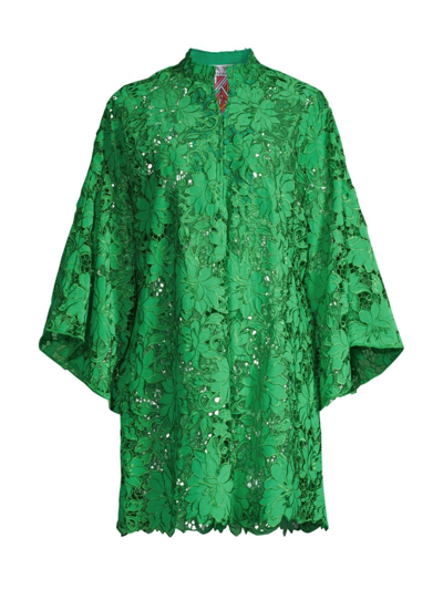 La Vie Style House Women's Floral Lace Long-sleeve Mini Caftan In Bright Green