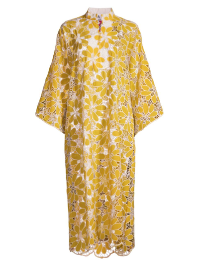 La Vie Style House Women's Floral Appliqué Lace Maxi Caftan In Yellow