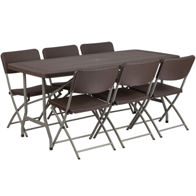 Flash Furniture 32.5''w X 67.5''l Brown Rattan Plastic Folding Table Set With 6 Chairs
