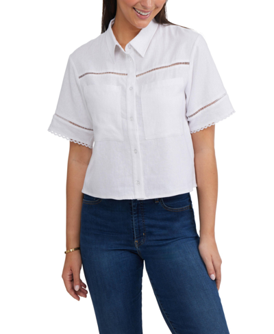 Ellen Tracy Linen Blend Button-up Camp Shirt In White