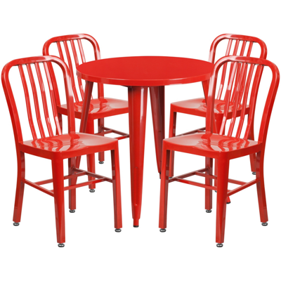 FLASH FURNITURE 30'' ROUND RED METAL INDOOR-OUTDOOR TABLE SET WITH 4 VERTICAL SLAT BACK CHAIRS