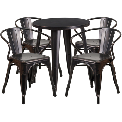 Flash Furniture 24'' Round Black-antique Gold Metal Indoor-outdoor Table Set With 4 Arm Chairs