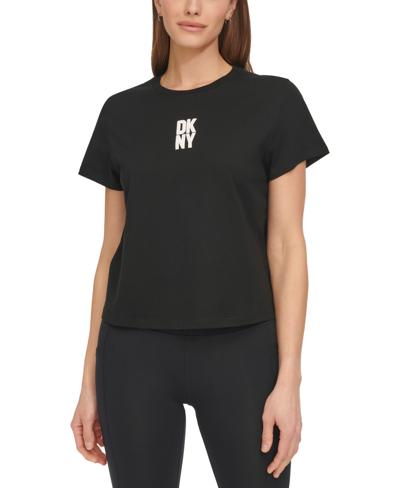 Dkny Sport Women's Cotton Crewneck Puff-logo Cropped T-shirt In Black