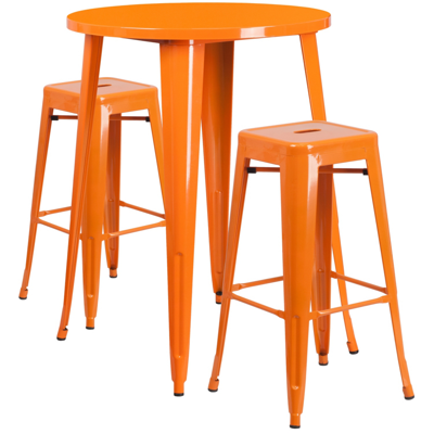 Flash Furniture 30'' Round Orange Metal Indoor-outdoor Bar Table Set With 2 Square Seat Backless Stools