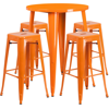 FLASH FURNITURE 30'' ROUND ORANGE METAL INDOOR-OUTDOOR BAR TABLE SET WITH 4 SQUARE SEAT BACKLESS STOOLS