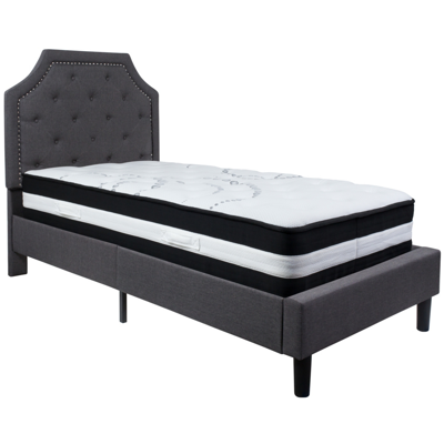 Flash Furniture Brighton Twin Size Tufted Upholstered Platform Bed In Dark Gray Fabric With Pocket Spring Mattress