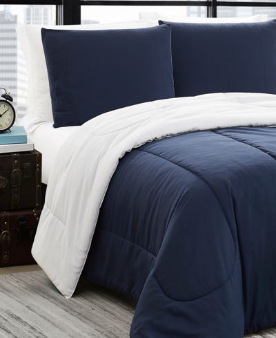 Brooklyn Loom Solid Brushed Reversible 3 Piece Comforter Set, King In Gray,navy
