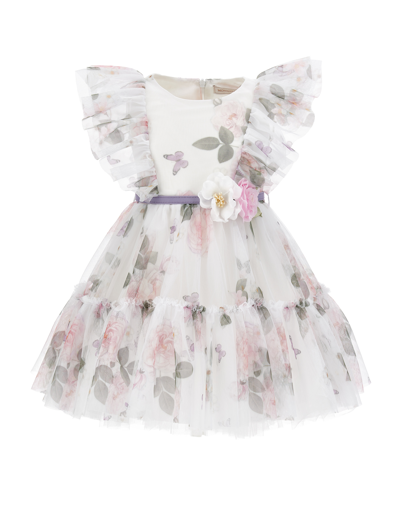 Monnalisa Kids'   Rose Print Tulle Dress In White