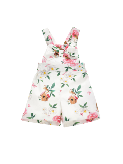 Monnalisa Poplin Dungaree Playsuit In White + Multicolor