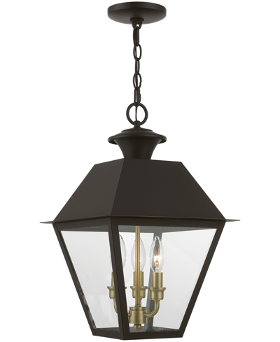 Livex Wentworth 3 Light Outdoor Large Pendant Lantern In Bronze With Antique Brass
