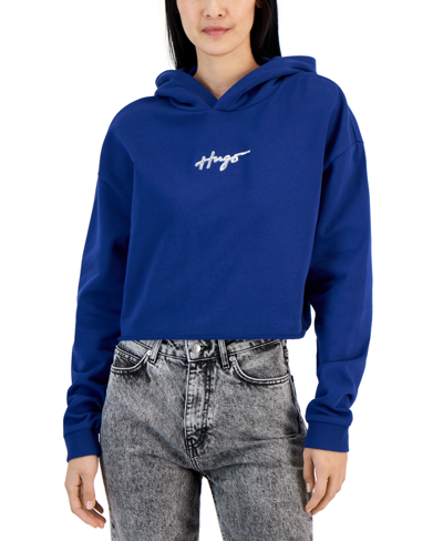 Hugo Women's Logo Cropped Hooded Sweatshirt In Blue