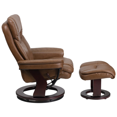 Flash Furniture Contemporary Palimino Leather Recliner And Ottoman With Swiveling Mahogany Wood Base In Brown