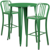 FLASH FURNITURE 30'' ROUND GREEN METAL INDOOR-OUTDOOR BAR TABLE SET WITH 2 VERTICAL SLAT BACK STOOLS
