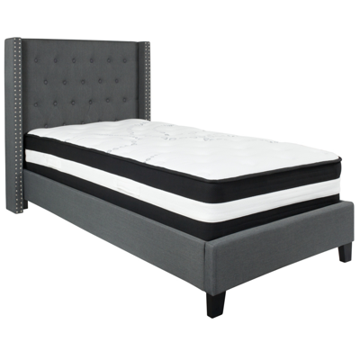 Flash Furniture Riverdale Twin Size Tufted Upholstered Fabric Platform Bed With Pocket Spring Mattress In Dark Gray