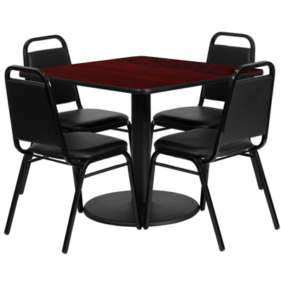 Flash Furniture 36'' Square Mahogany Laminate Table Set With 4 Black Trapezoidal Back Banquet Chairs
