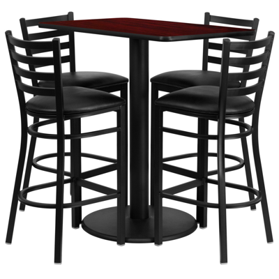 Flash Furniture 24'' X 42'' Rectangular Mahogany Laminate Table Set With 4 Ladder Back Metal Barstools In Black