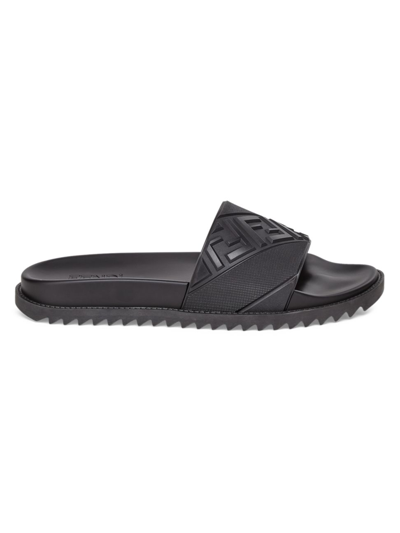 Fendi Men's Ff Diagonal Logo Print Slides In Nero