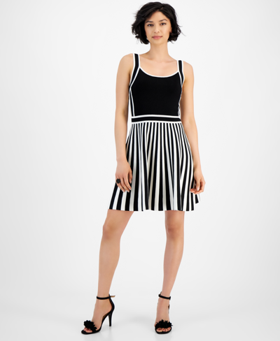 Guess Women's Mirage Striped-skirt Fit & Flare Dress In Dove White,jet Black