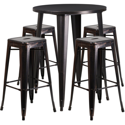 Flash Furniture 30'' Round Black-antique Gold Metal Indoor-outdoor Bar Table Set With 4 Square Seat Backless Stools