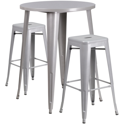Flash Furniture 30'' Round Silver Metal Indoor-outdoor Bar Table Set With 2 Square Seat Backless Stools In Gray