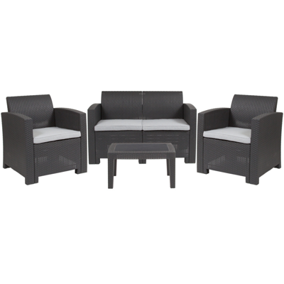 Flash Furniture 4 Piece Outdoor Faux Rattan Chair, Loveseat And Table Set In Dark Gray