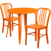 FLASH FURNITURE 30'' ROUND ORANGE METAL INDOOR-OUTDOOR TABLE SET WITH 2 VERTICAL SLAT BACK CHAIRS