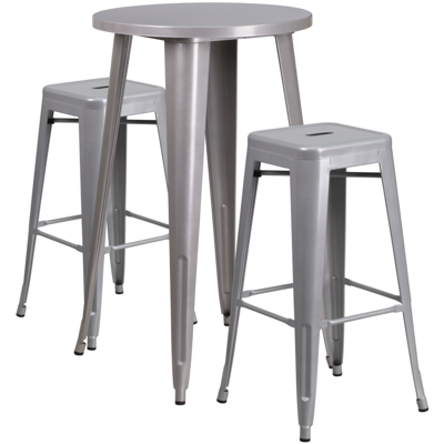 Flash Furniture 24'' Round Silver Metal Indoor-outdoor Bar Table Set With 2 Square Seat Backless Stools In Gray