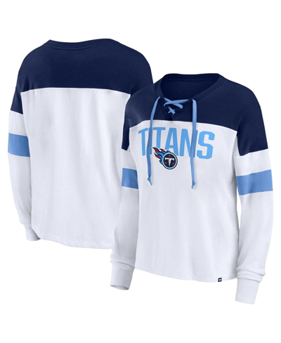 Fanatics Women's  White, Navy Tennessee Titans Plus Size Even Match Lace-up Long Sleeve V-neck T-shir In White,navy